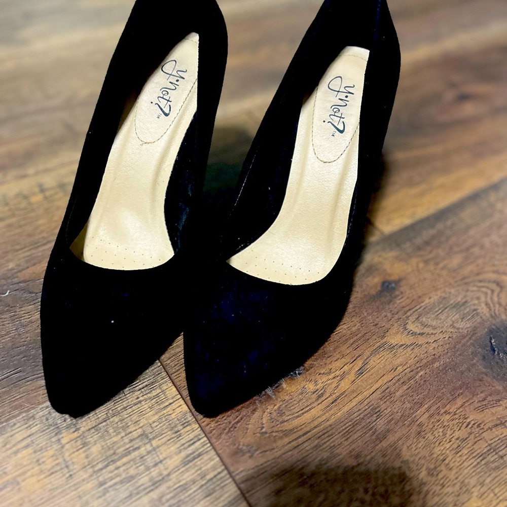 Black velvet like pumps. Worn maybe 2-3 times but heel height was a bit much
